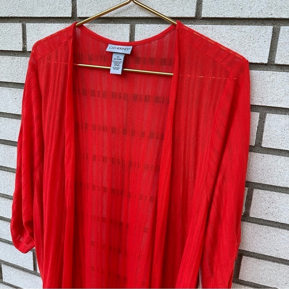 NWT Catherines Tomato Red Sheer Stripe Knit Long Open Cardigan Ruched Sleeve 2X - Picture 3 of 10